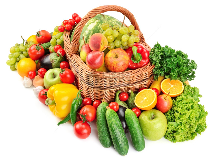 白底隔離的籃子水果和蔬菜高清圖片下載-正版圖片304038122